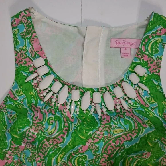 Lilly Pulitzer Green Pink Alligator Print Beaded Dress Size 4 Pink Label scallop - Picture 3 of 9